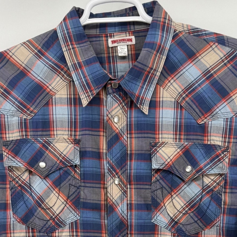 True Religion Mens 3XL Plaid Western Pearl Snap Long Sleeve Shirt Blue Orange